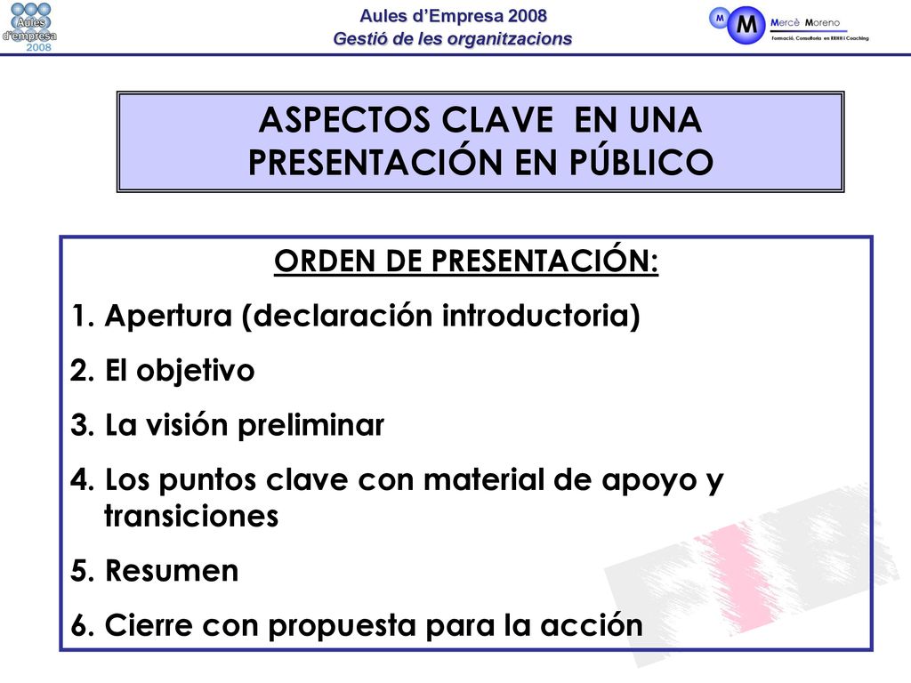 ASPECTOS CLAVE EN UNA PRESENTACIÓN EN PÚBLICO ORDEN DE PRESENTACIÓN: