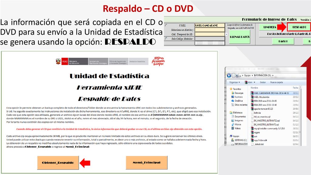Respaldo – CD o DVD La información que será copiada en el CD o DVD para su envío a la Unidad de Estadística se genera usando la opción: RESPALDO.
