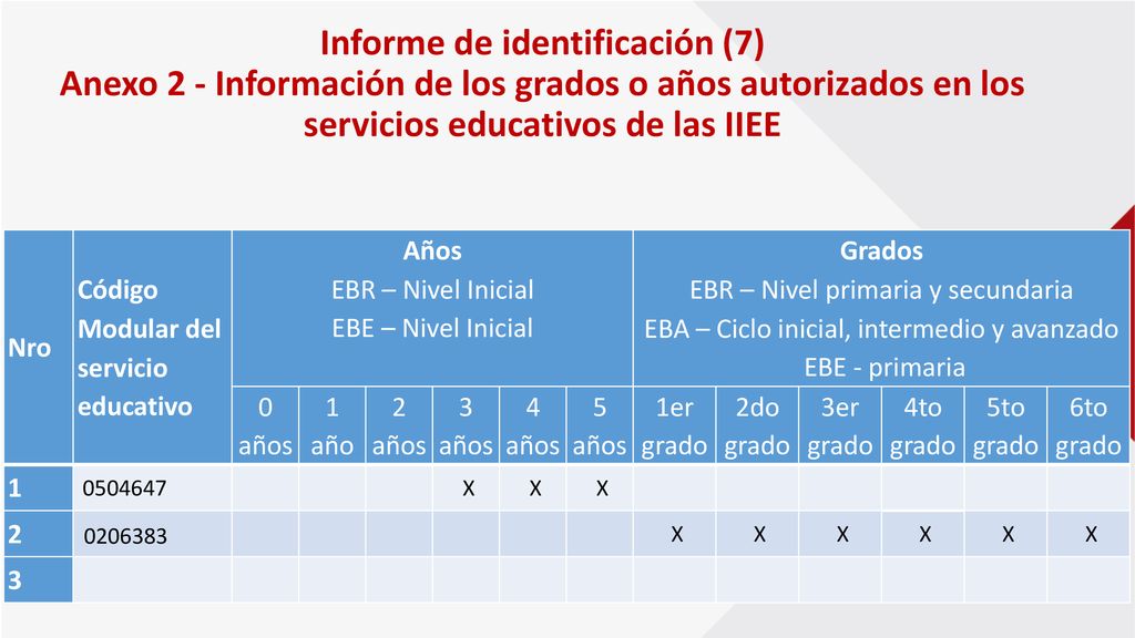 Informe de identificación (7) Anexo 2 - Información de los grados o años autorizados en los servicios educativos de las IIEE