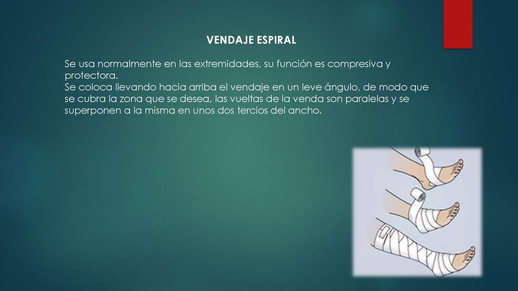 VENDAJE ESPIRAL Se usa normalmente en las extremidades, su función es compresiva y protectora.