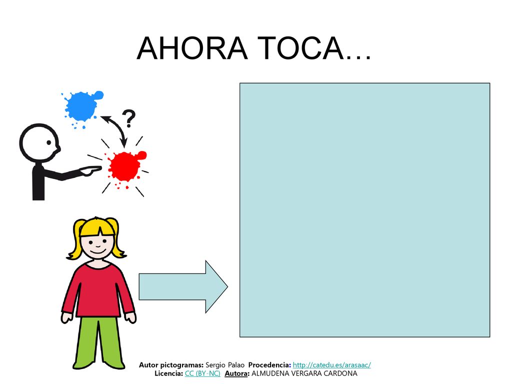 AHORA TOCA… Autor pictogramas: Sergio Palao Procedencia:   Licencia: CC (BY-NC) Autora: ALMUDENA VERGARA CARDONA.