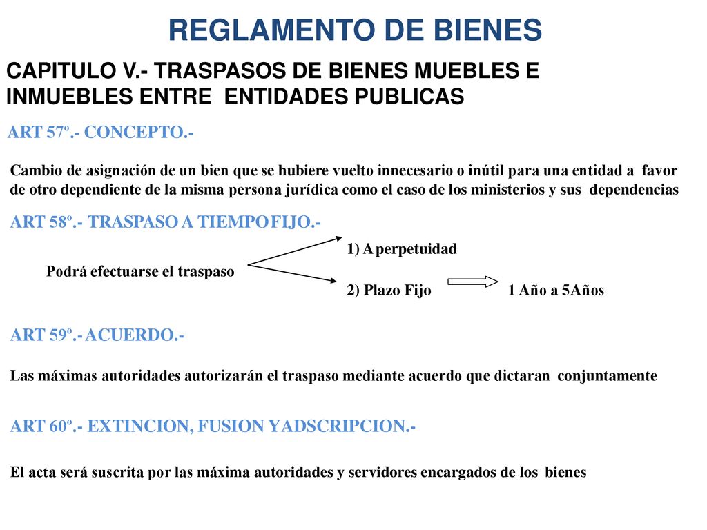 REGLAMENTO DE BIENES CAPITULO V.- TRASPASOS DE BIENES MUEBLES E INMUEBLES ENTRE ENTIDADES PUBLICAS.