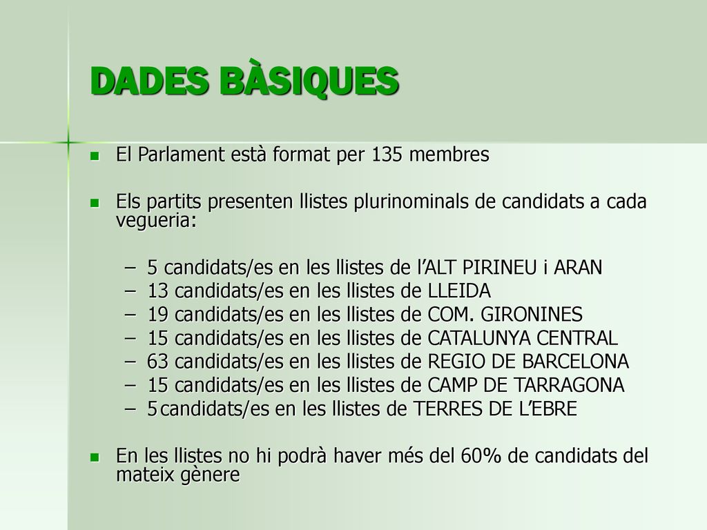 DADES BÀSIQUES El Parlament està format per 135 membres