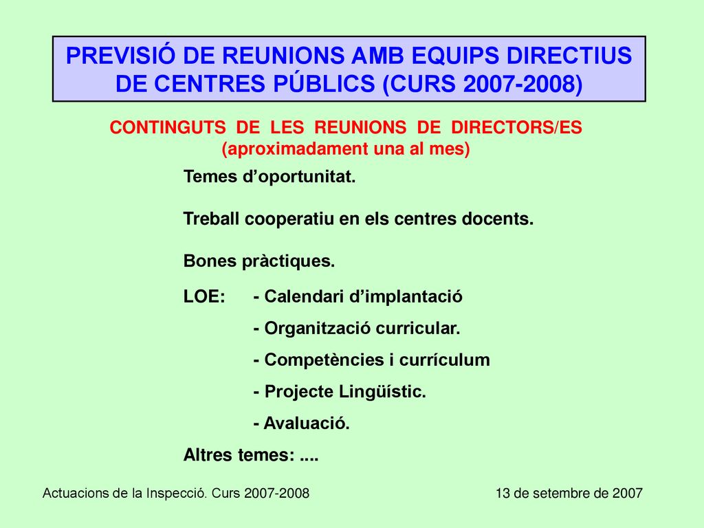 CONTINGUTS DE LES REUNIONS DE DIRECTORS/ES (aproximadament una al mes)
