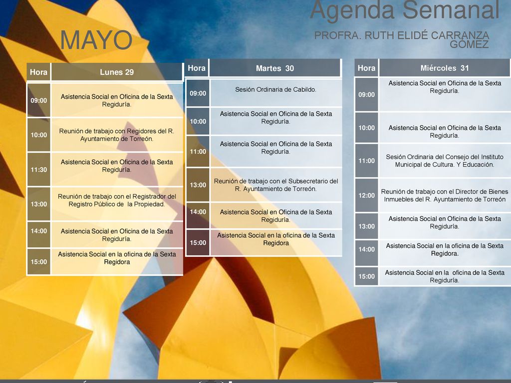 MAYO Agenda Semanal Cabildo Torreón PROFRA. RUTH ELIDÉ CARRANZA GÓMEZ