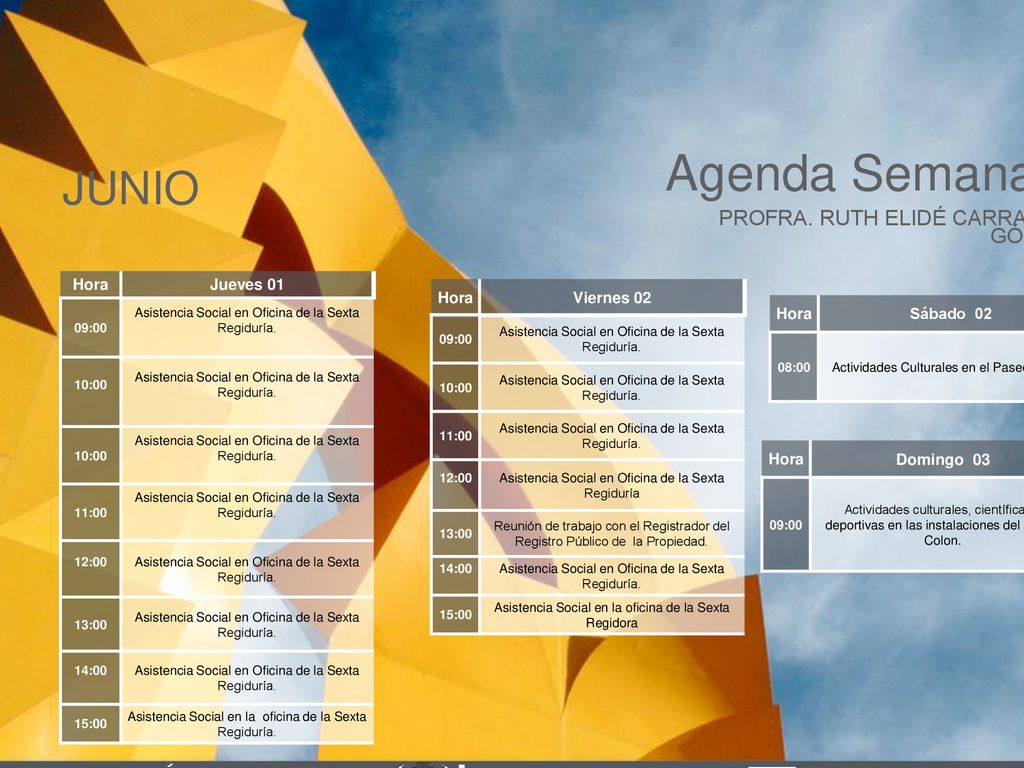 Agenda Semanal JUNIO Cabildo Torreón PROFRA. RUTH ELIDÉ CARRANZA GÓMEZ