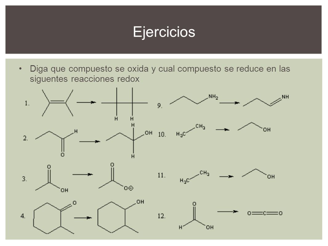 Ejercicios Diga que compuesto se oxida y cual compuesto se reduce en las siguentes reacciones redox