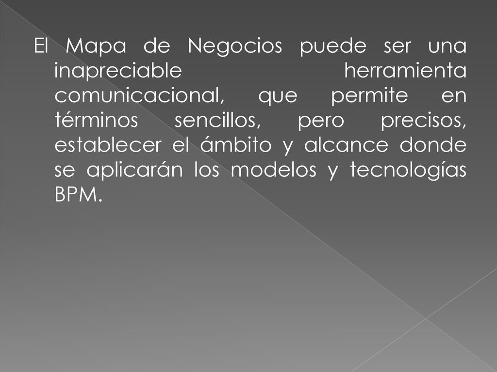El Mapa de Negocios puede ser una inapreciable herramienta comunicacional, que permite en términos sencillos, pero precisos, establecer el ámbito y alcance donde se aplicarán los modelos y tecnologías BPM.