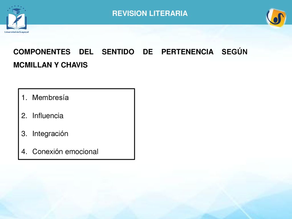 REVISION LITERARIA COMPONENTES DEL SENTIDO DE PERTENENCIA SEGÚN MCMILLAN Y CHAVIS. Membresía. Influencia.