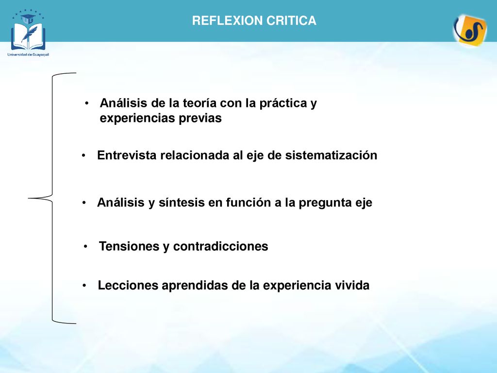 REFLEXION CRITICA Análisis de la teoría con la práctica y experiencias previas. Entrevista relacionada al eje de sistematización.