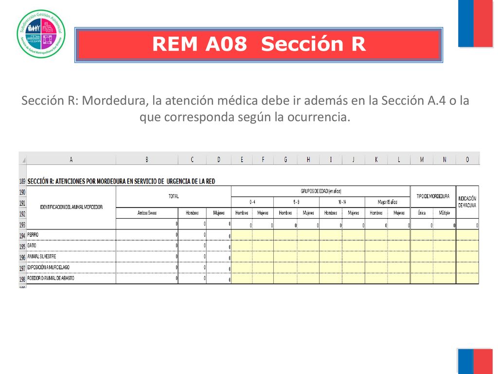 REM A08 Sección R Sección R: Mordedura, la atención médica debe ir además en la Sección A.4 o la que corresponda según la ocurrencia.