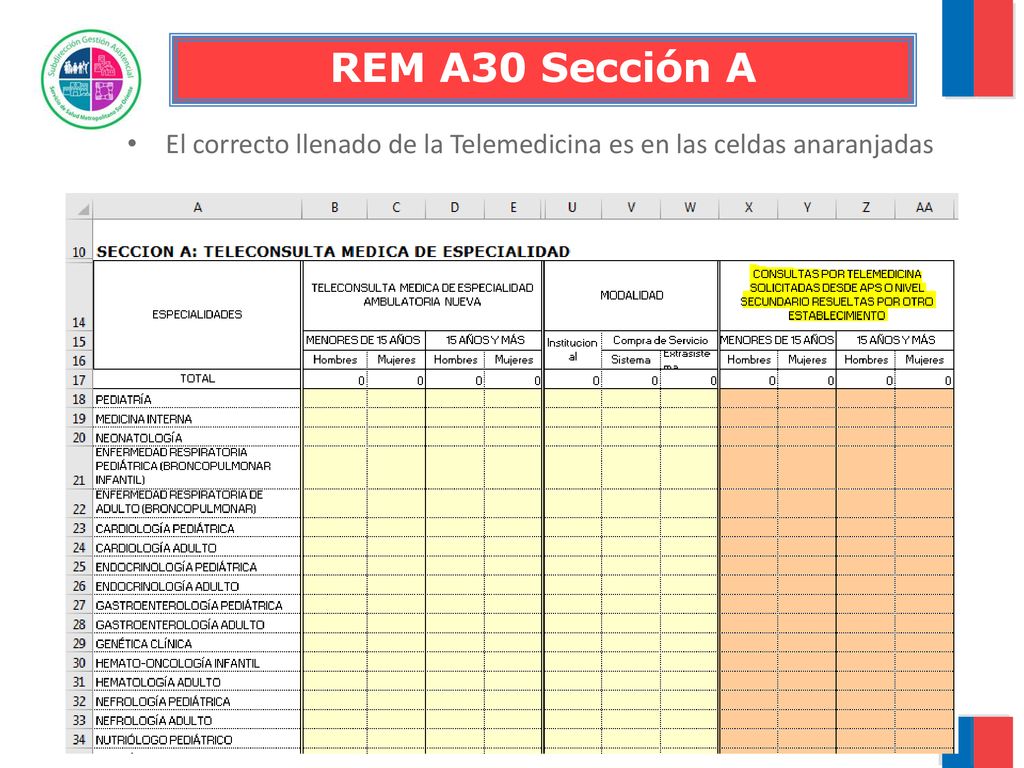 REM A30 Sección A El correcto llenado de la Telemedicina es en las celdas anaranjadas