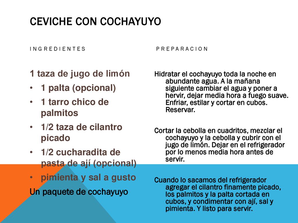 Ceviche con cochayuyo 1 taza de jugo de limón 1 palta (opcional)