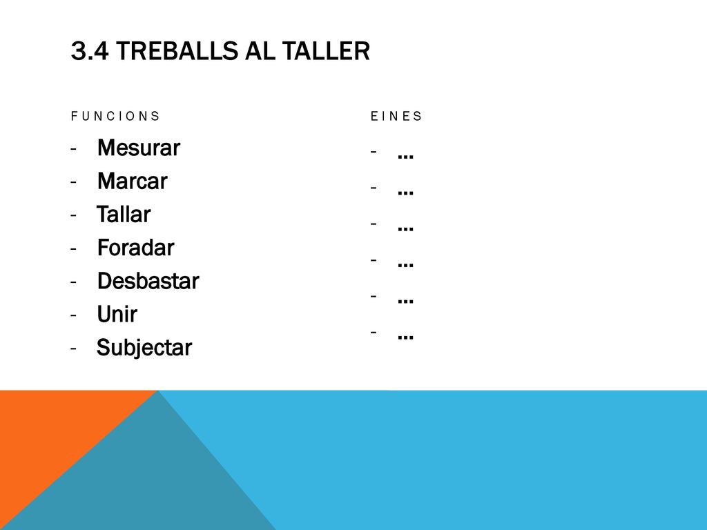 3.4 treballs al taller Mesurar Marcar Tallar Foradar Desbastar Unir