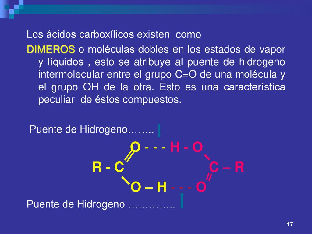 R - C C – R O – H O Los ácidos carboxílicos existen como