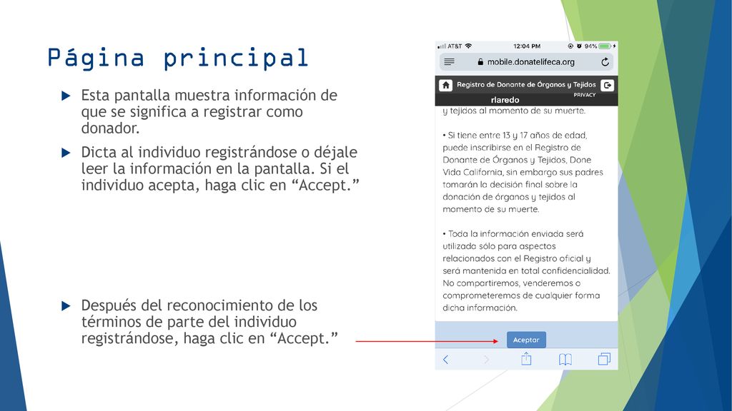 Página principal Esta pantalla muestra información de que se significa a registrar como donador.