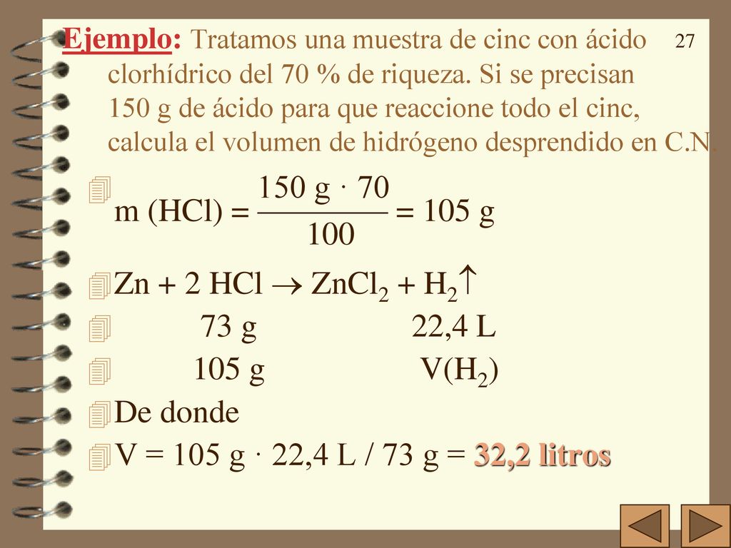 150 g · 70 m (HCl) = ———— = 105 g 100 Zn + 2 HCl  ZnCl2 + H2