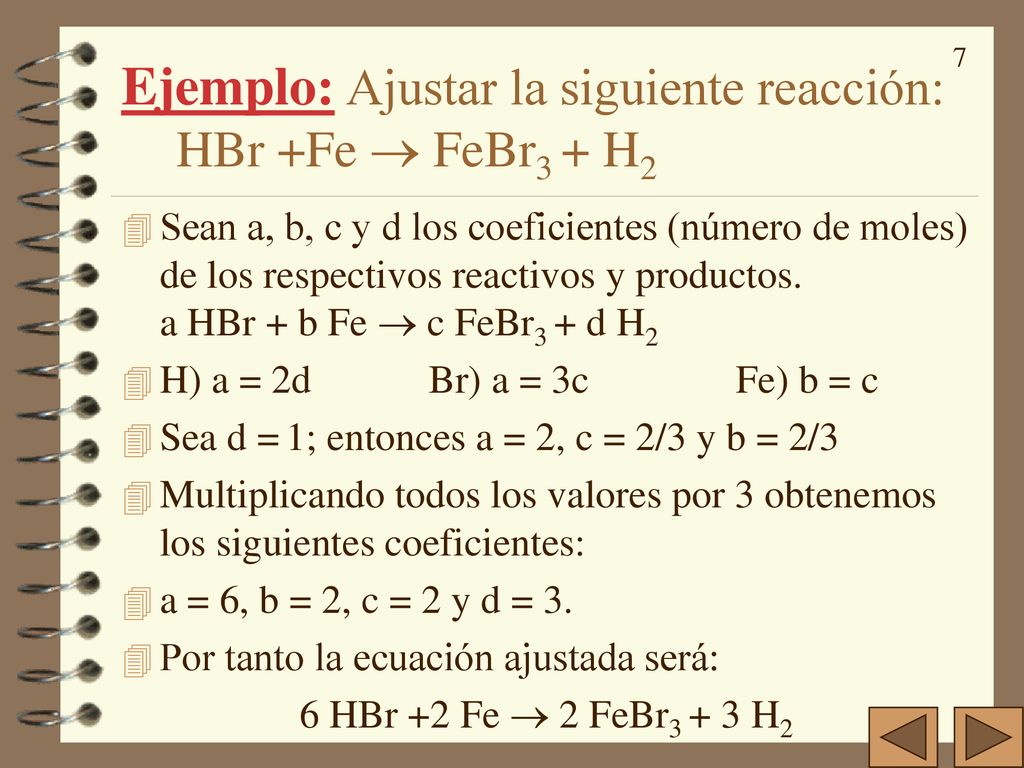 Ejemplo: Ajustar la siguiente reacción: HBr +Fe  FeBr3 + H2
