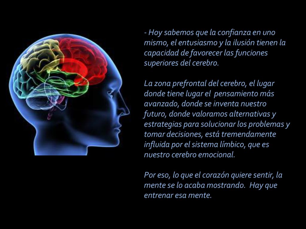 - Hoy sabemos que la confianza en uno mismo, el entusiasmo y la ilusión tienen la capacidad de favorecer las funciones superiores del cerebro.