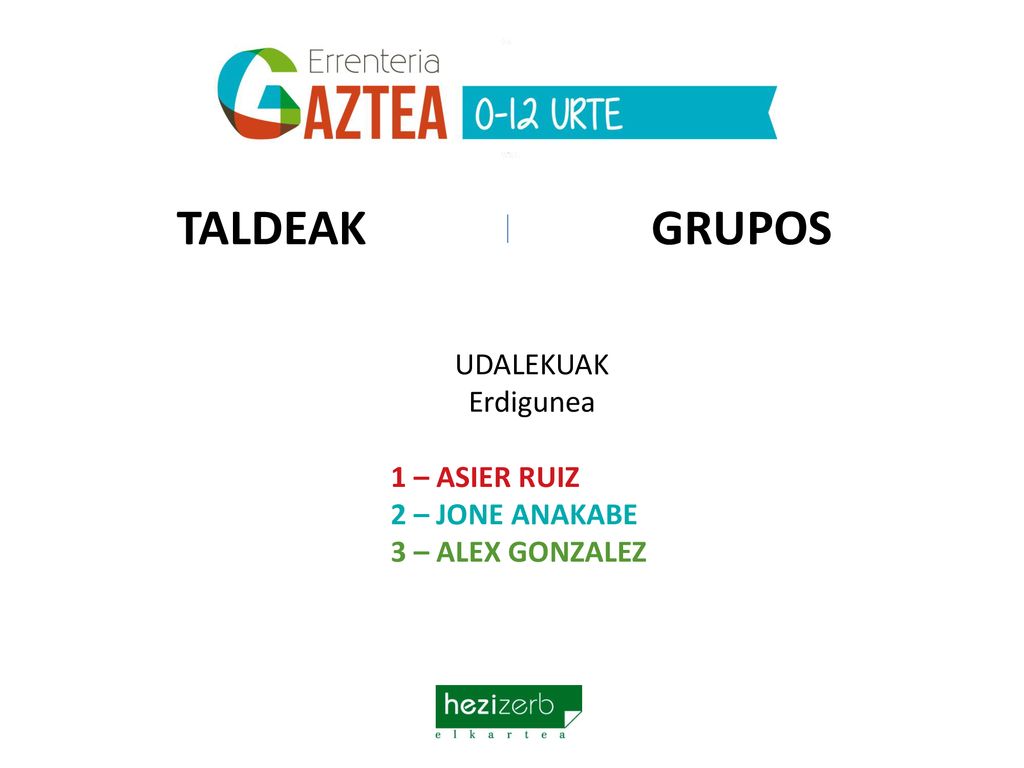 TALDEAK GRUPOS UDALEKUAK Erdigunea 1 – ASIER RUIZ 2 – JONE ANAKABE