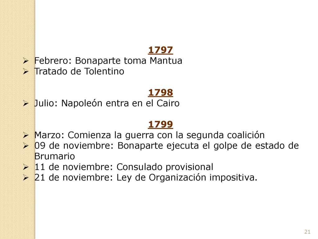 1797 Febrero: Bonaparte toma Mantua. Tratado de Tolentino Julio: Napoleón entra en el Cairo.
