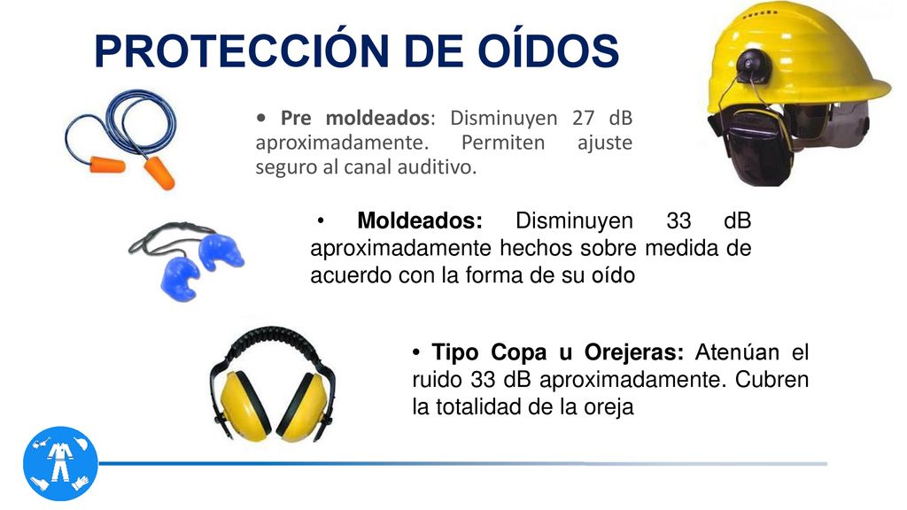 PROTECCIÓN DE OÍDOS • Pre moldeados: Disminuyen 27 dB aproximadamente. Permiten ajuste seguro al canal auditivo.