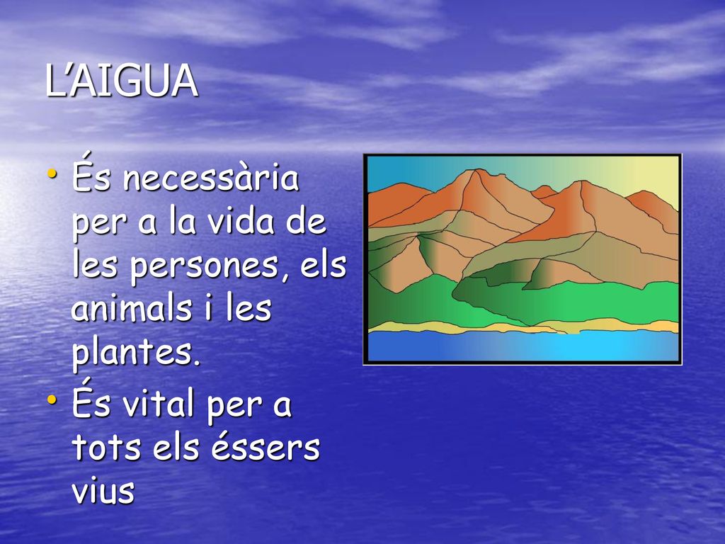 L’AIGUA És necessària per a la vida de les persones, els animals i les plantes.