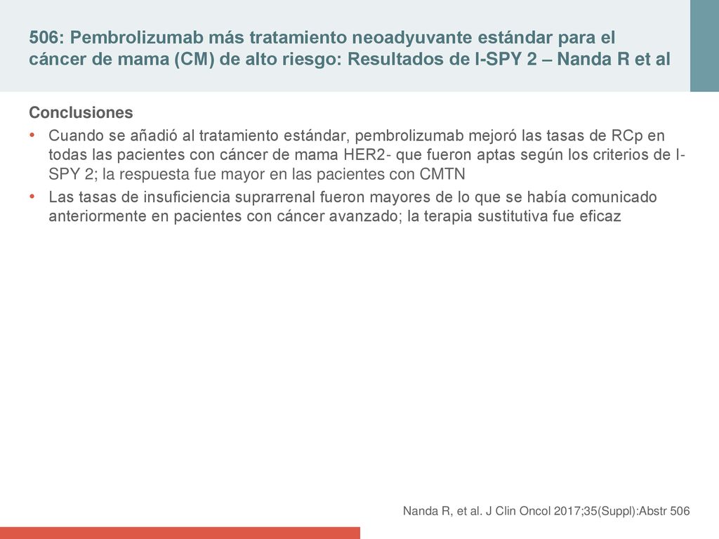 506: Pembrolizumab más tratamiento neoadyuvante estándar para el cáncer de mama (CM) de alto riesgo: Resultados de I-SPY 2 – Nanda R et al