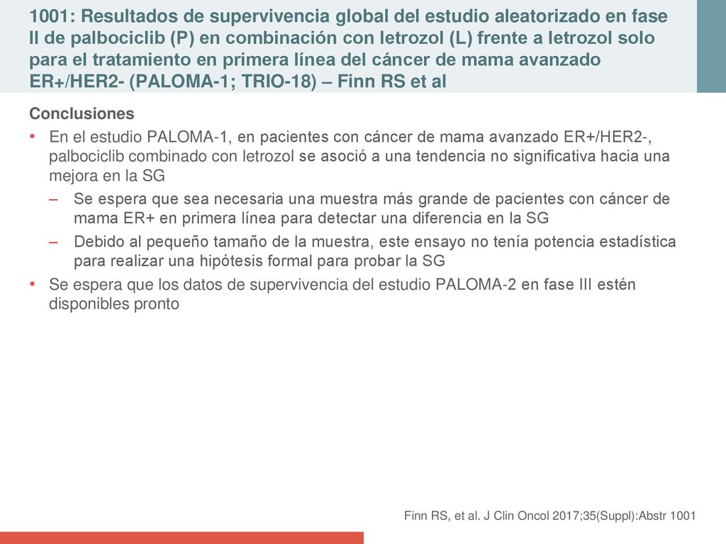 1001: Resultados de supervivencia global del estudio aleatorizado en fase II de palbociclib (P) en combinación con letrozol (L) frente a letrozol solo para el tratamiento en primera línea del cáncer de mama avanzado ER+/HER2- (PALOMA-1; TRIO-18) – Finn RS et al