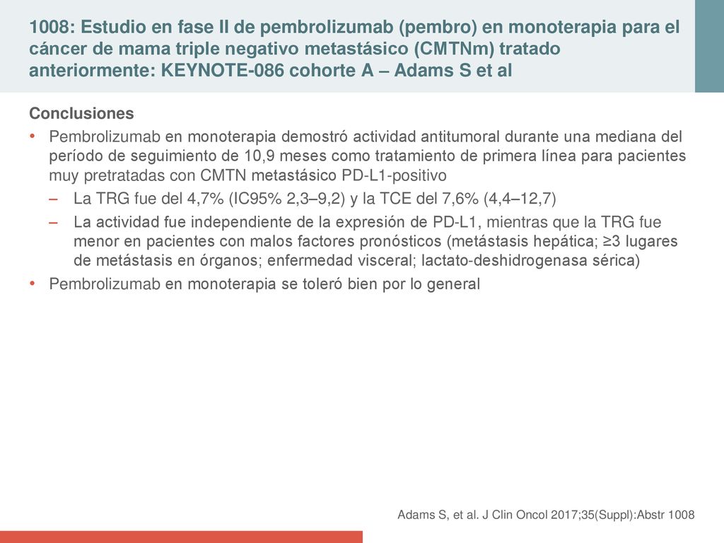 1008: Estudio en fase II de pembrolizumab (pembro) en monoterapia para el cáncer de mama triple negativo metastásico (CMTNm) tratado anteriormente: KEYNOTE-086 cohorte A – Adams S et al