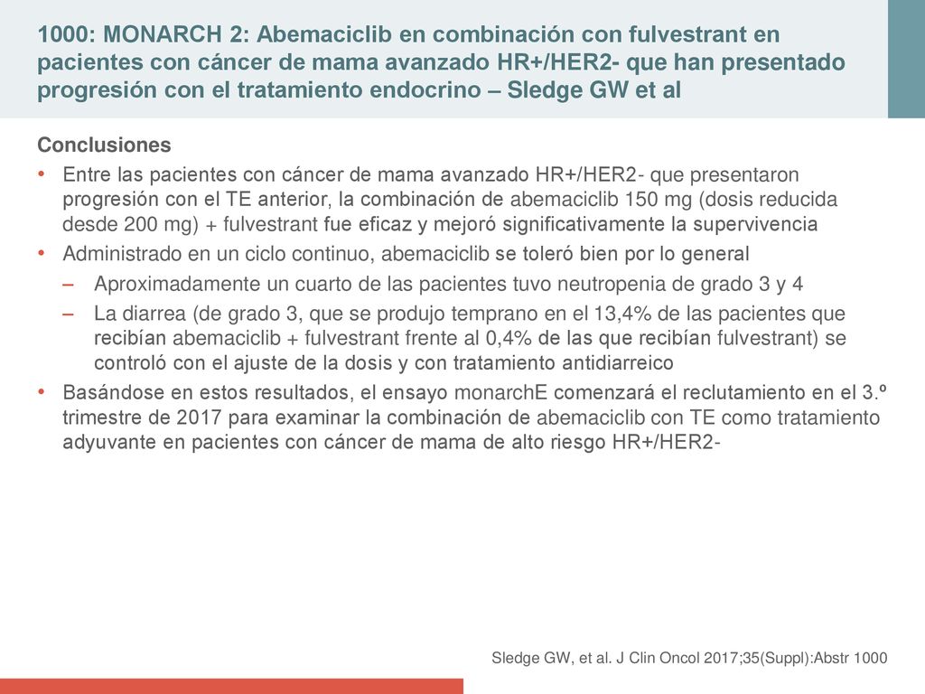 1000: MONARCH 2: Abemaciclib en combinación con fulvestrant en pacientes con cáncer de mama avanzado HR+/HER2- que han presentado progresión con el tratamiento endocrino – Sledge GW et al
