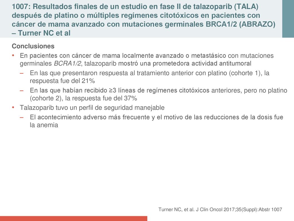 1007: Resultados finales de un estudio en fase II de talazoparib (TALA) después de platino o múltiples regímenes citotóxicos en pacientes con cáncer de mama avanzado con mutaciones germinales BRCA1/2 (ABRAZO) – Turner NC et al