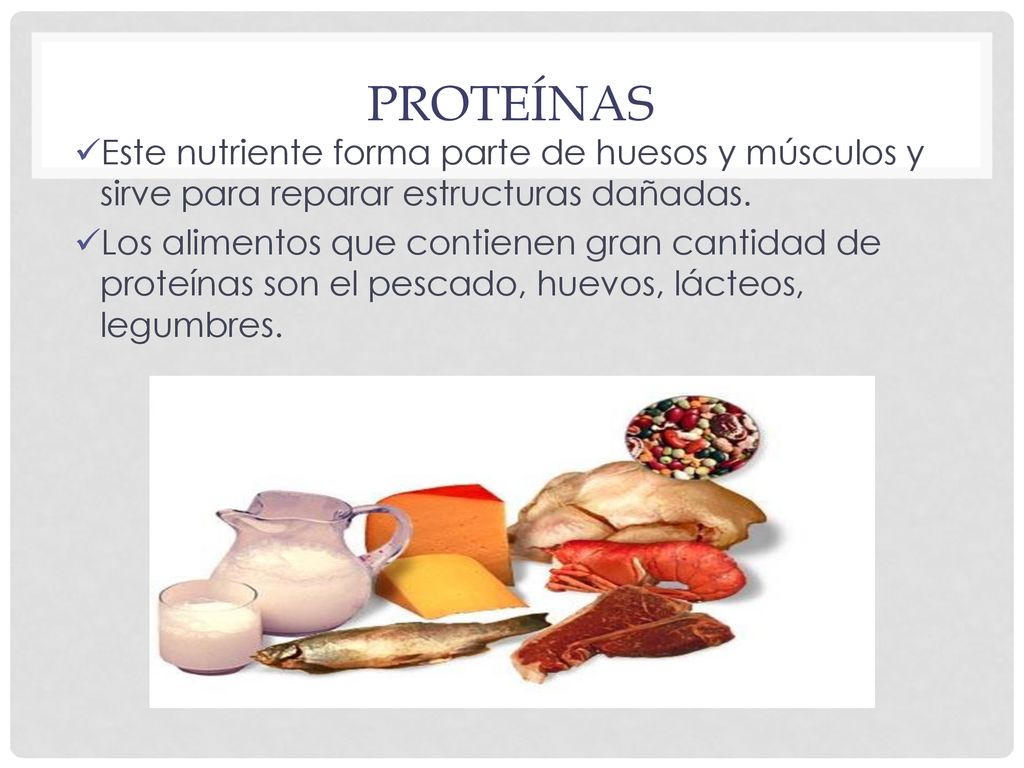 Proteínas Este nutriente forma parte de huesos y músculos y sirve para reparar estructuras dañadas.