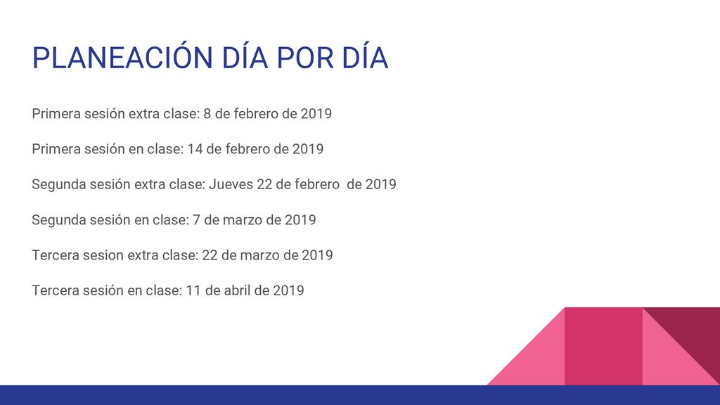 PLANEACIÓN DÍA POR DÍA Primera sesión extra clase: 8 de febrero de Primera sesión en clase: 14 de febrero de