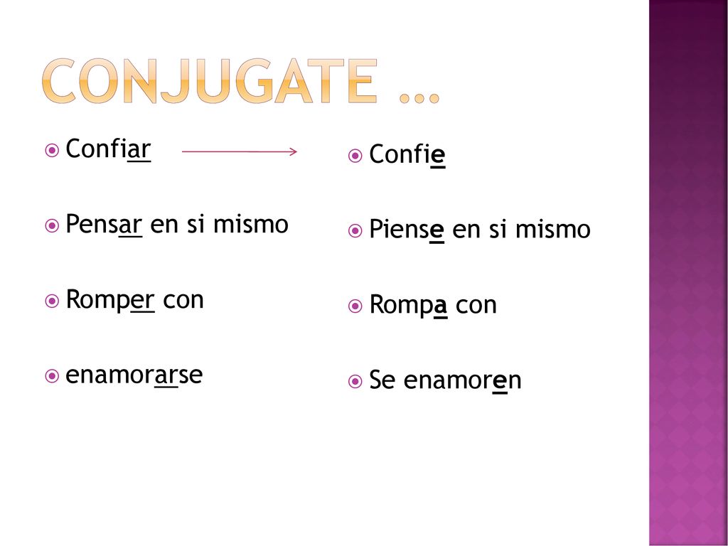 Conjugate … Confiar Confie Pensar en si mismo Piense en si mismo