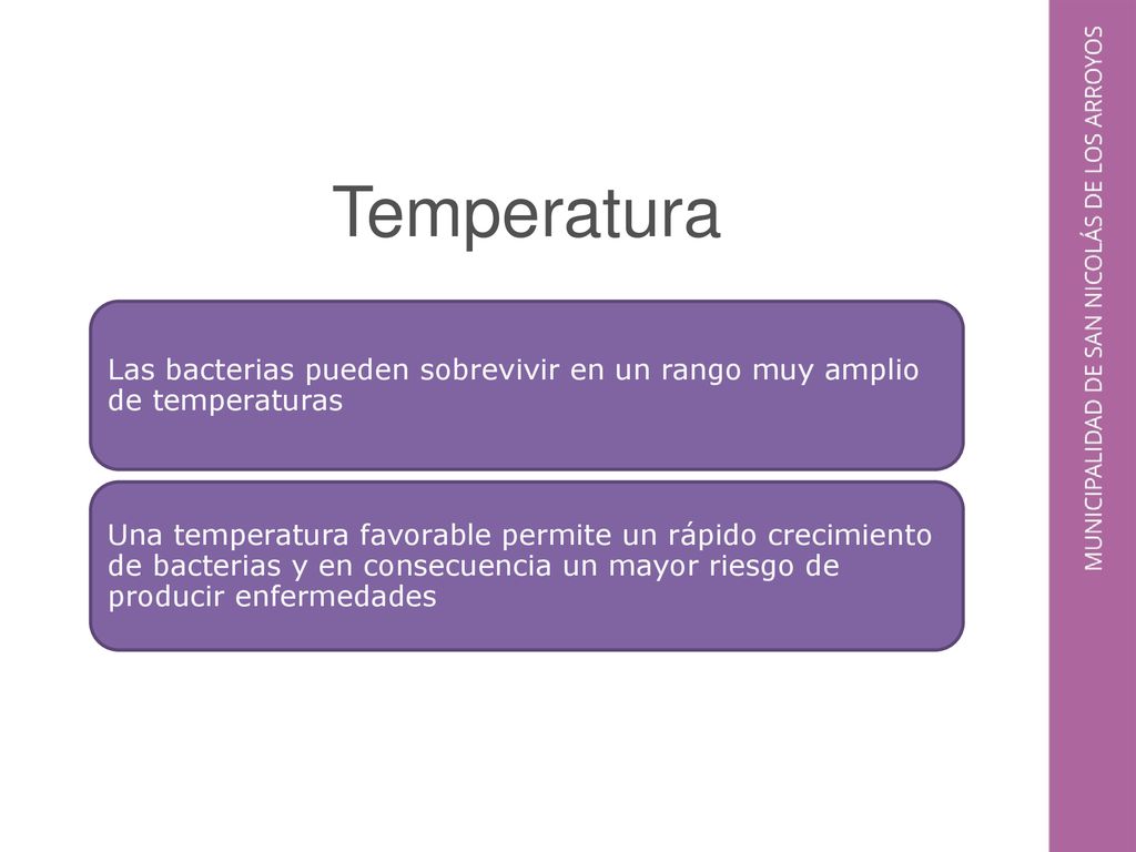 Temperatura Las bacterias pueden sobrevivir en un rango muy amplio de temperaturas.