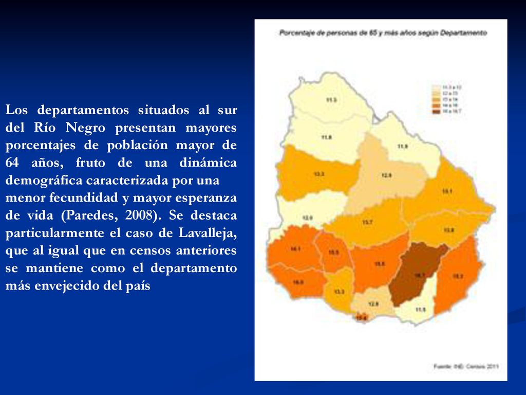 Los departamentos situados al sur del Río Negro presentan mayores porcentajes de población mayor de 64 años, fruto de una dinámica demográfica caracterizada por una