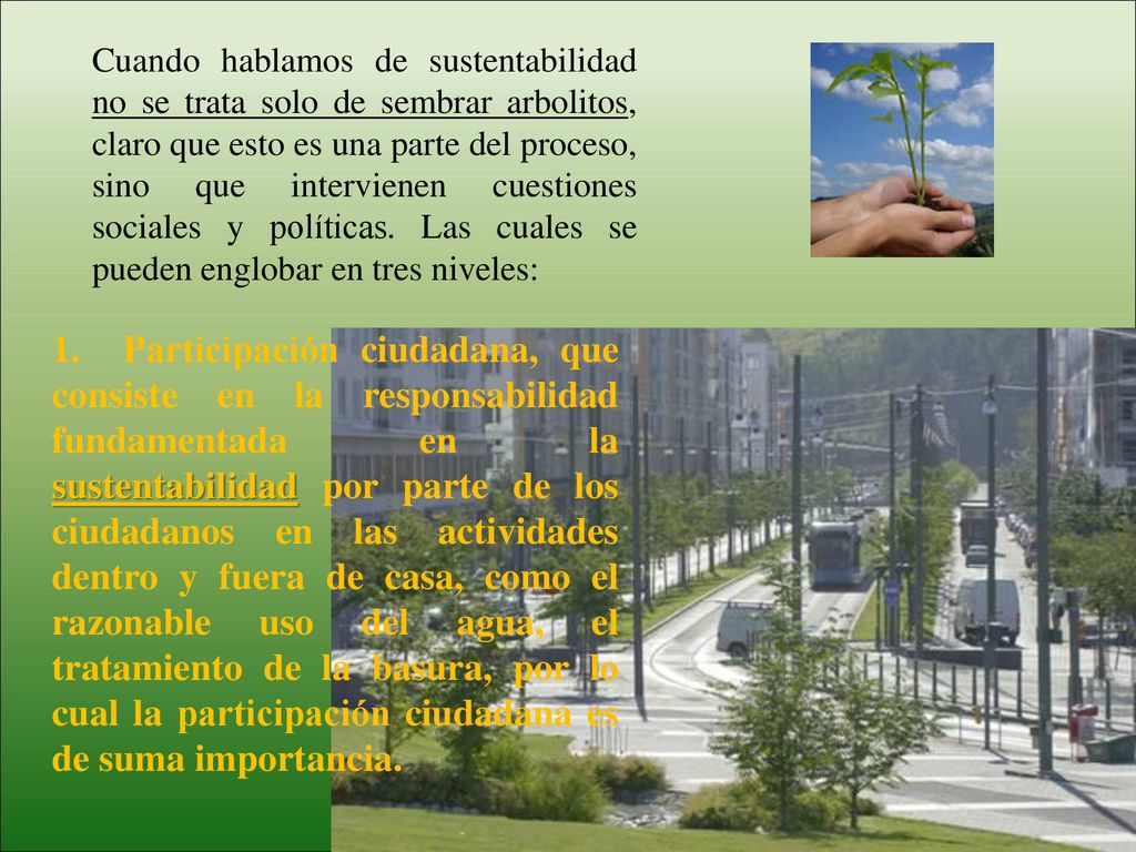 Cuando hablamos de sustentabilidad no se trata solo de sembrar arbolitos, claro que esto es una parte del proceso, sino que intervienen cuestiones sociales y políticas. Las cuales se pueden englobar en tres niveles:
