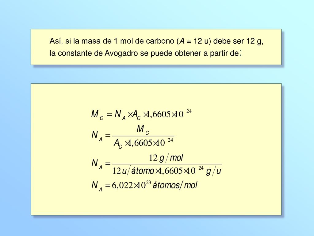 Así, si la masa de 1 mol de carbono (A = 12 u) debe ser 12 g,