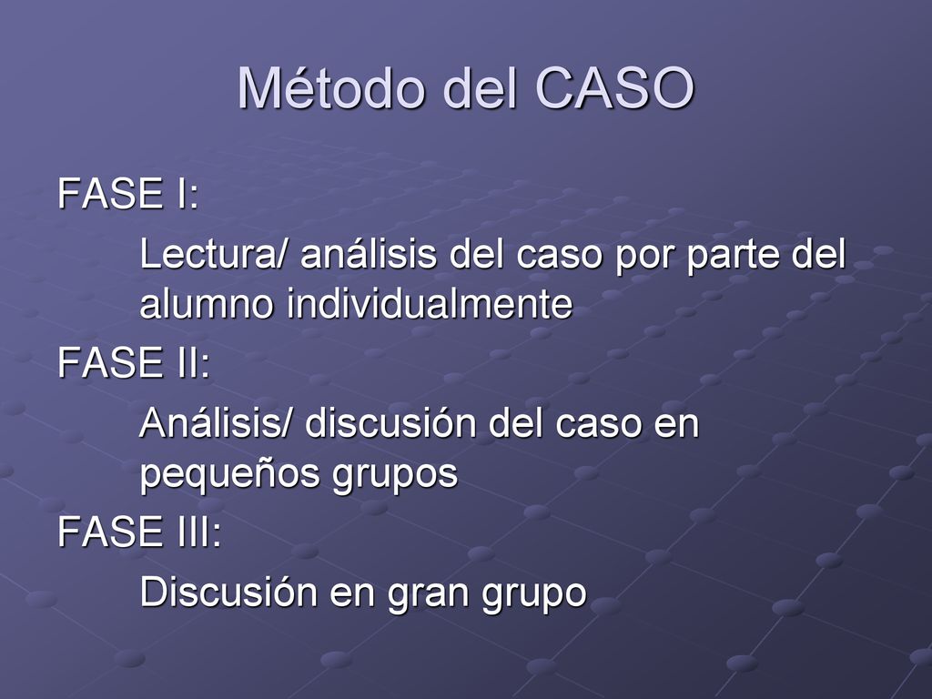 Método del CASO FASE I: Lectura/ análisis del caso por parte del alumno individualmente. FASE II: