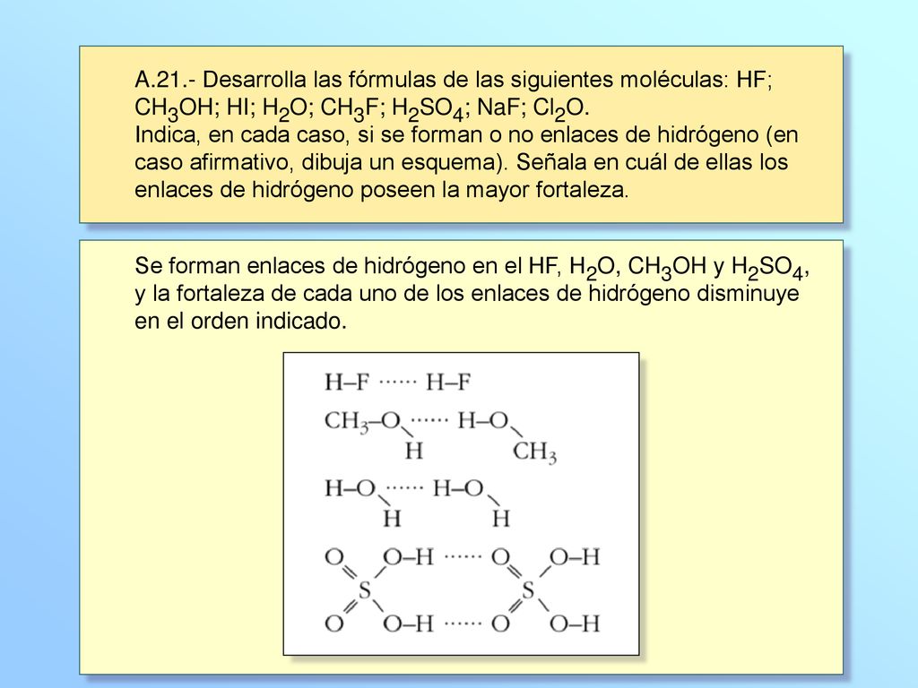 A.21.- Desarrolla las fórmulas de las siguientes moléculas: HF; CH3OH; HI; H2O; CH3F; H2SO4; NaF; Cl2O.