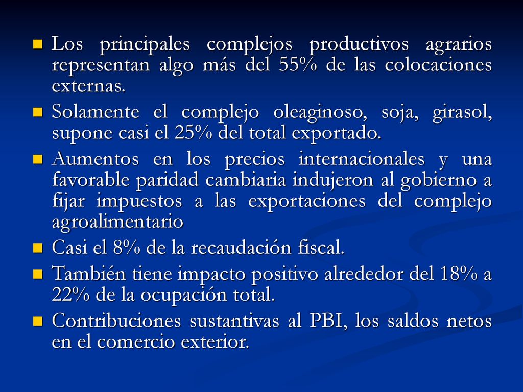 Los principales complejos productivos agrarios representan algo más del 55% de las colocaciones externas.