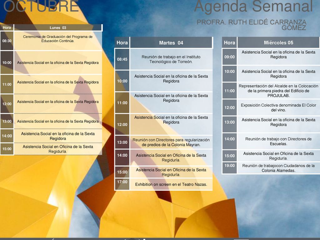 Agenda Semanal OCTUBRE Cabildo Torreón PROFRA. RUTH ELIDÉ CARRANZA