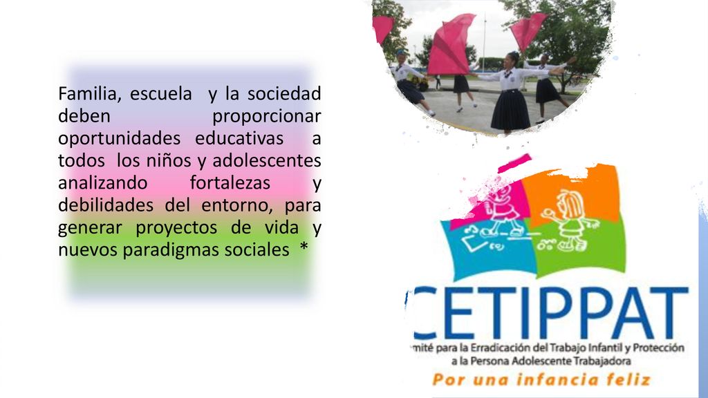 Familia, escuela y la sociedad deben proporcionar oportunidades educativas a todos los niños y adolescentes analizando fortalezas y debilidades del entorno, para generar proyectos de vida y nuevos paradigmas sociales *