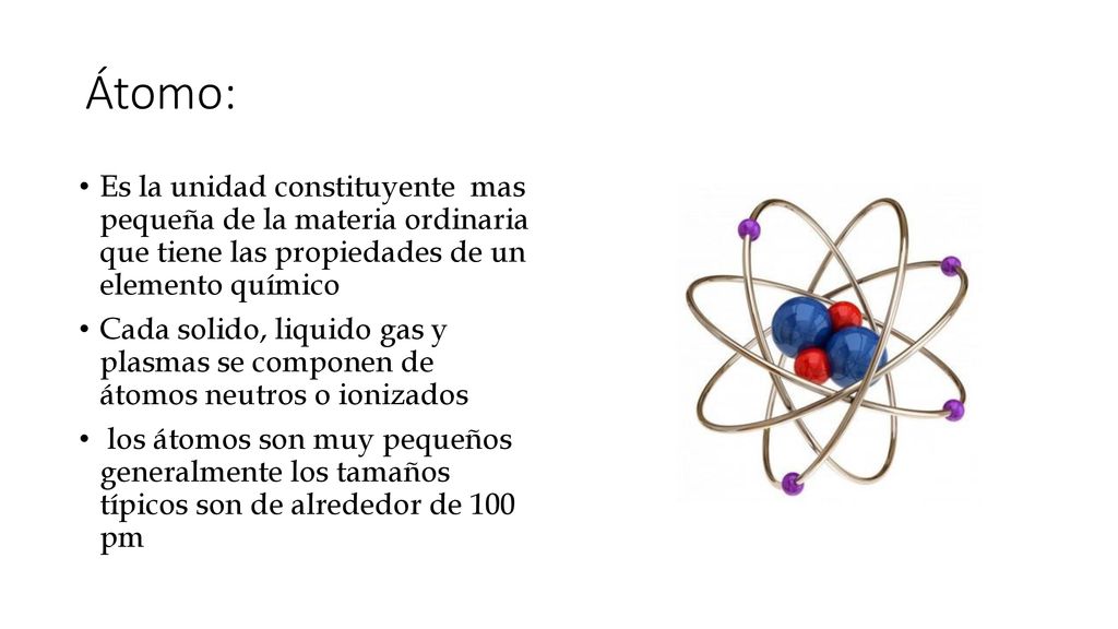 Átomo: Es la unidad constituyente mas pequeña de la materia ordinaria que tiene las propiedades de un elemento químico.