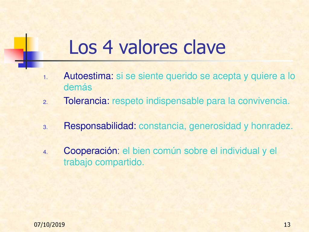 Los 4 valores clave Autoestima: si se siente querido se acepta y quiere a lo demás. Tolerancia: respeto indispensable para la convivencia.