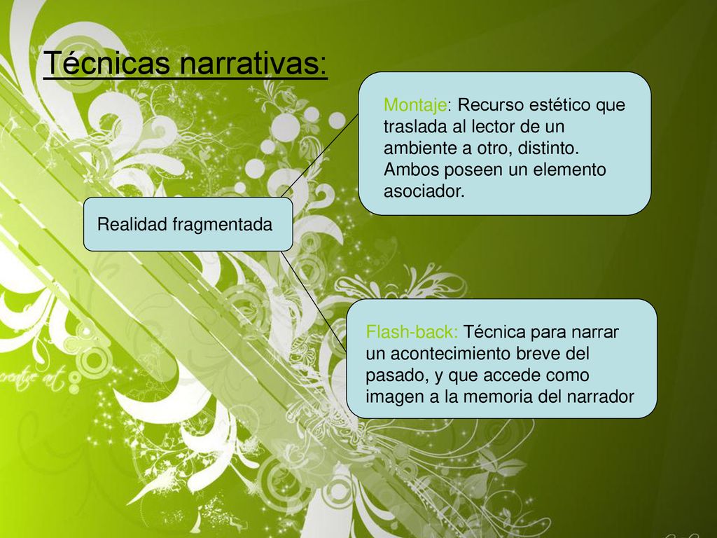 Técnicas narrativas: Montaje: Recurso estético que traslada al lector de un ambiente a otro, distinto. Ambos poseen un elemento asociador.