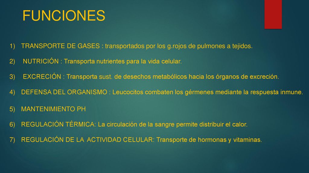 FUNCIONES TRANSPORTE DE GASES : transportados por los g.rojos de pulmones a tejidos. NUTRICIÓN : Transporta nutrientes para la vida celular.