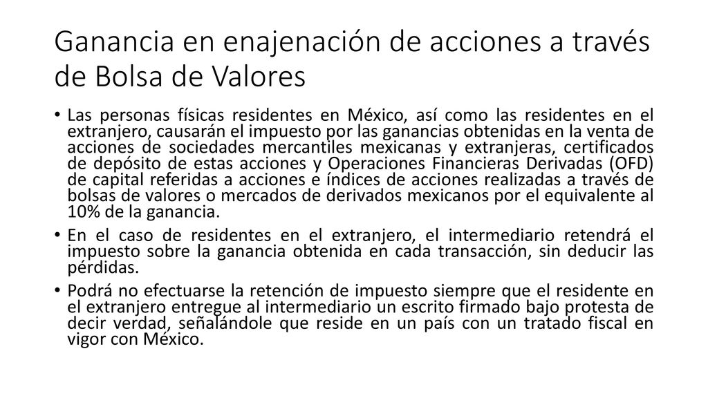Ganancia en enajenación de acciones a través de Bolsa de Valores