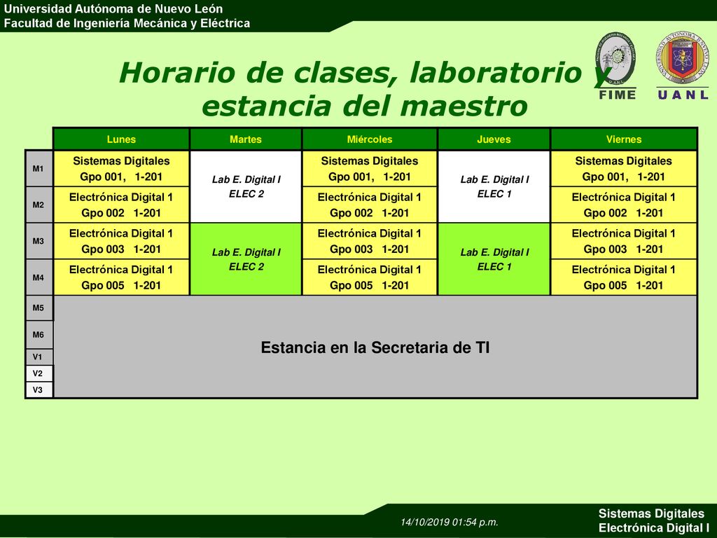 Horario de clases, laboratorio y estancia del maestro